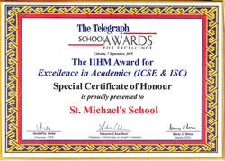 Excellence in Academics (ICSE & ISC) Special Certificate of Honour by The Telegraph School Awards 2019